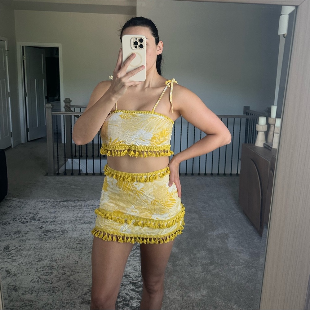 Skylar + Madison Yellow Tassel Trim Linen Mini Skirt